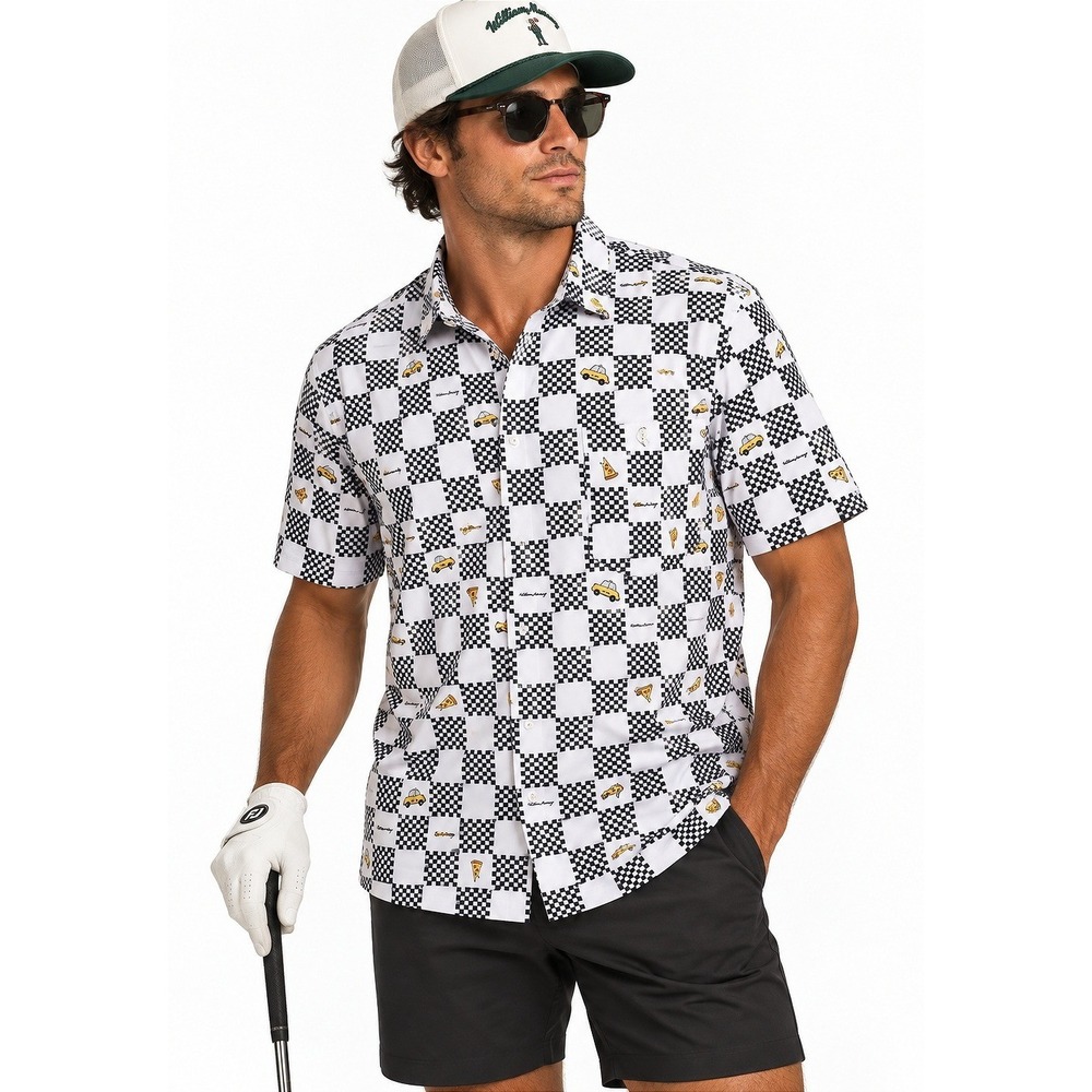 William Murray Golf Mens L Fun Fare Checkered Taxi Pizza NYC S/S Button Up Shirt